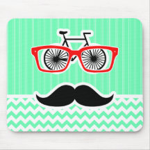 Funny Hipster Mustache; Green Chevron Mousepads