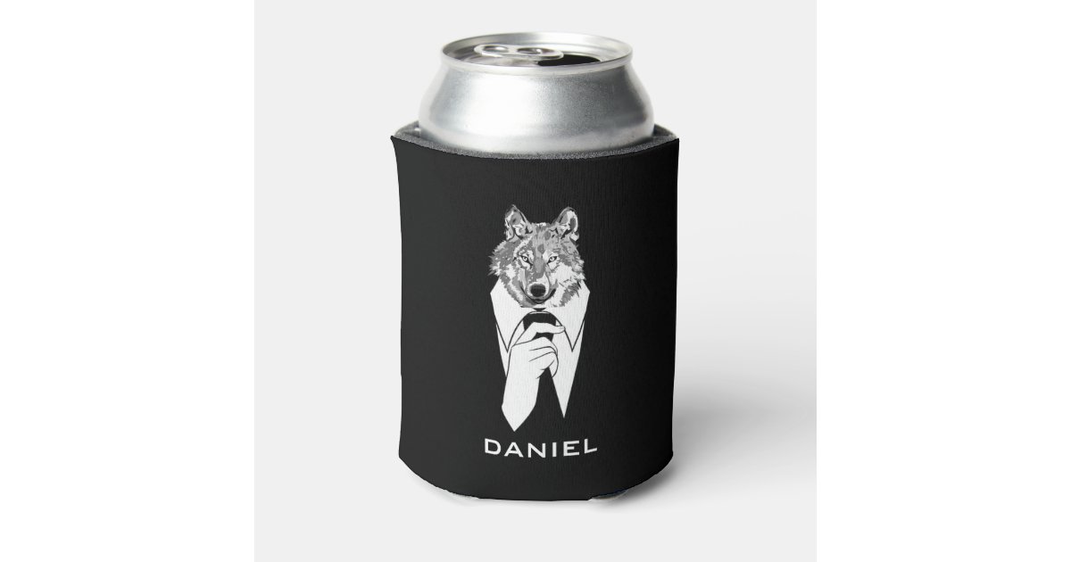 Funny Hipster Wolf with Black Tuxedo Personalized Can Cooler Zazzle