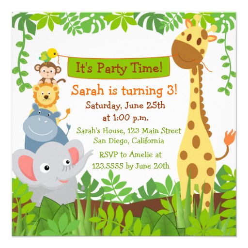 Funny Jungle Animals Birthday Party Invitations