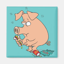 funny junk food stuffed pig with tummy belly ache fridge magnet
