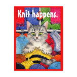 Funny knitting kitty postcard