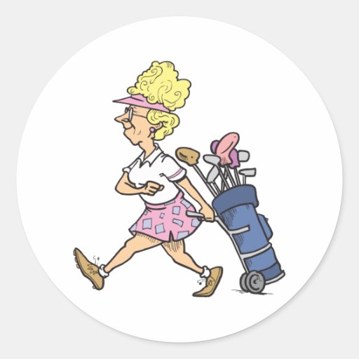 funny lady golfer cartoon graphic round sticker