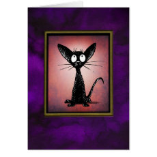 Funny Little Black Cat on Vintage Pink and Purple Card