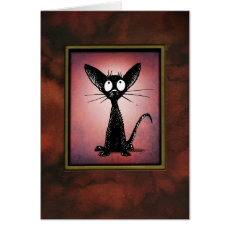 Funny Little Black Cat on Vintage Pink Card
