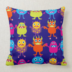 Funny Monster Party Cute Creatures on Blue Pillow