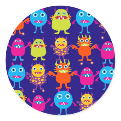 Funny Monster Party Cute Creatures on Blue Round Sticker