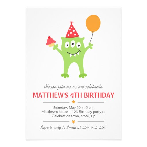 Funny monster with balloon and cupcake birthday card