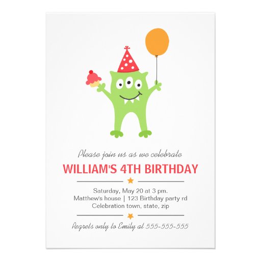 Funny monster with balloon and cupcake birthday personalized invitation