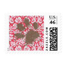 Funny Muddy Pawprint on Red Damask Pattern Stamps