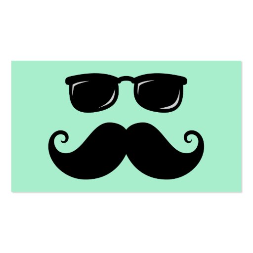 Funny mustache and sunglasses face mint green business cards (front side)
