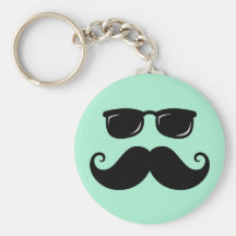 Funny mustache and sunglasses face mint green key chain