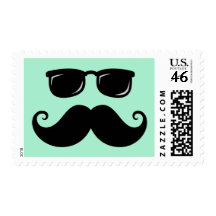Funny mustache and sunglasses face mint green postage stamps