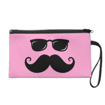 Funny mustache and sunglasses face on pink wristlet clutches