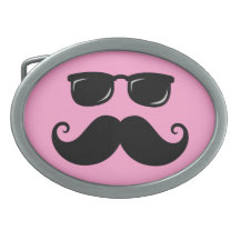 Funny mustache and sunglasses face on pink oval belt buckle