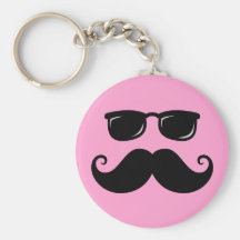 Funny mustache and sunglasses face on pink key chain
