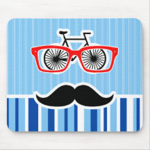 Funny Mustache; Blue & White Stripes Mouse Pad