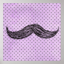 Funny   Mustache Drawing With Purple Polka Dots Posters