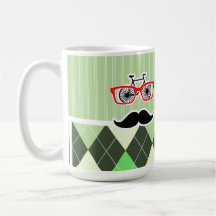 Funny Mustache; Green Argyle Coffee Mugs