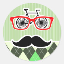 Funny Mustache; Green Argyle Round Sticker