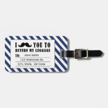 FUNNY MUSTACHE LUGGAGE TAG | BLUE STRIPES