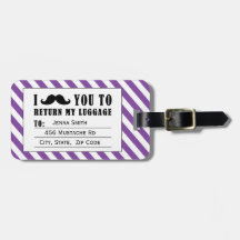 FUNNY MUSTACHE LUGGAGE TAG | PURPLE STRIPES