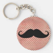 Funny Mustache On Cute Pink Polka Dot Background Key Chain