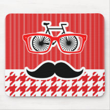 Funny Mustache; Red Houndstooth Mouse Pad