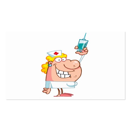 funny nurse with a syringe cartoon business card template (back side)