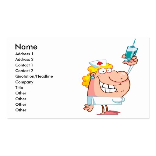 funny nurse with a syringe cartoon business card template (front side)