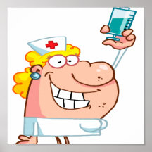 funny nurse with a syringe cartoon poster