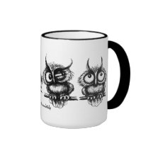 Funny owls pen ink drawing art mug design