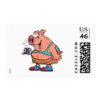 funny party animal pig hog cartoon postage stamp