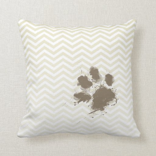 Funny Pawprint on Beige Chevron; zig zag Throw Pillow Zazzle