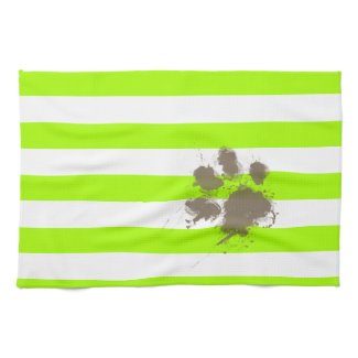 Funny Pawprint on Electric Lime Green Stripes Hand Towel