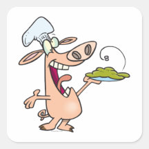 funny pig chef with pig slop dish cartoon square stickers
