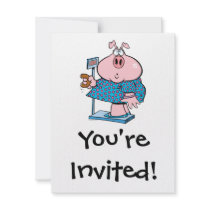 funny pig on a diet eating a donut on a scale custom invites