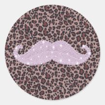 Funny Pink Bling Mustache And Animal Print Pattern Round Stickers