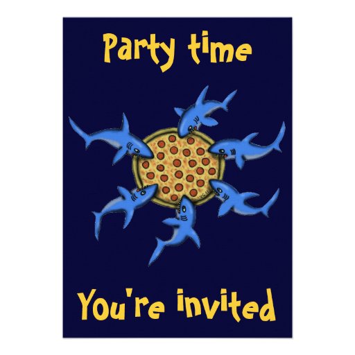 Funny pizza eating sharks party invitation card