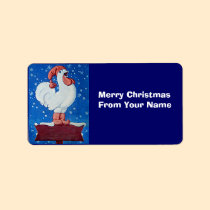Funny Rooster In Santa Hat in Snow Gift Tag label