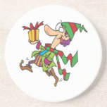 funny running christmas elf with present cartoon drink coasters