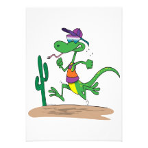 funny running in the desert lizard cartoon custom invitations