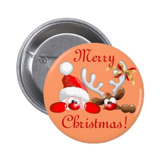 Funny Santa and Reindeer Cartoon Button