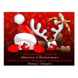 Funny Santa and Reindeer Cartoon Christmas Postcar Postcard