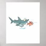 funny shark chasing fish posters