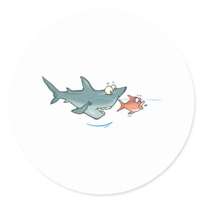 funny shark chasing fish round sticker from Zazzle.com