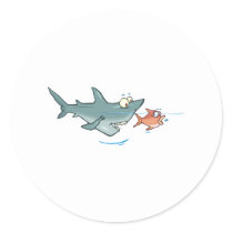 Funny Shark Sticker on Funny Shark Chasing Fish Round Sticker By ...