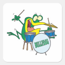 funny silly cartoon frog drummer cartoon square sticker