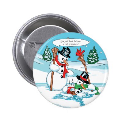 Funny Snowman with Hot Chocolate Cartoon Buttons