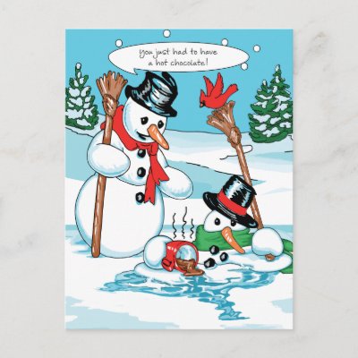 Funny Snowman with Hot Chocolate Cartoon Post Card