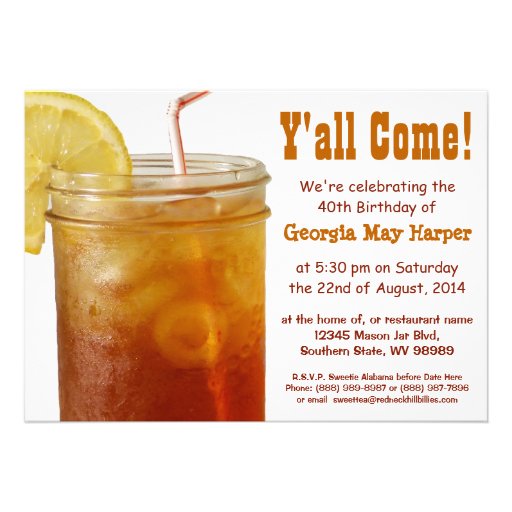 Funny Southern Sweet Tea Birthday Party 5" X 7" Invitation Card Zazzle